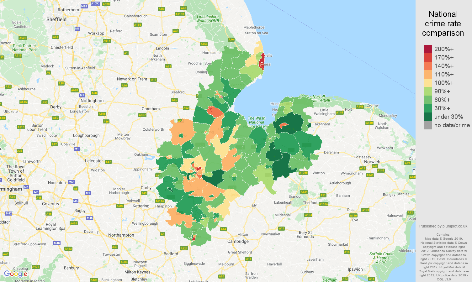 Peterborough other theft crime rate comparison map