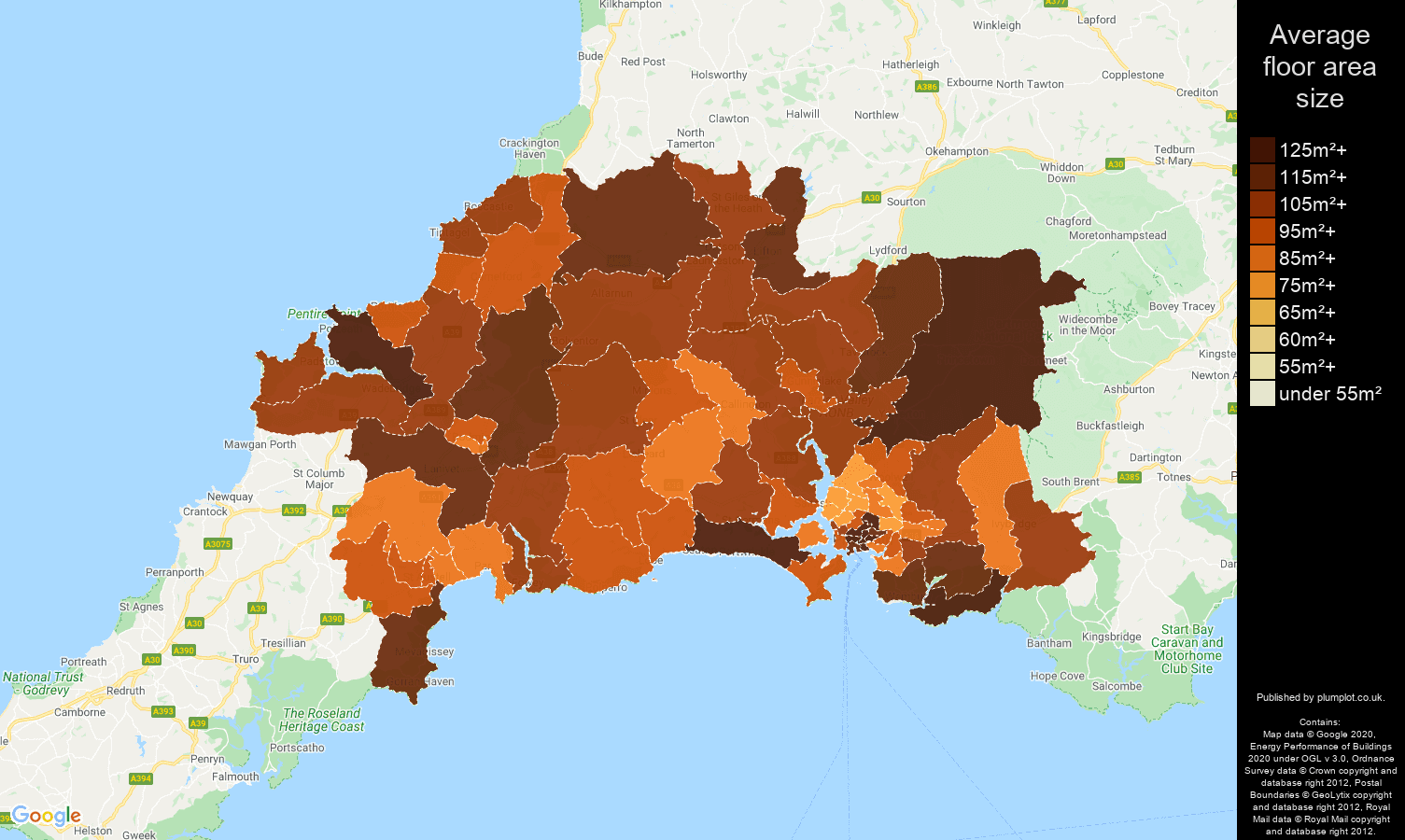 Plymouth map of average floor area size of houses