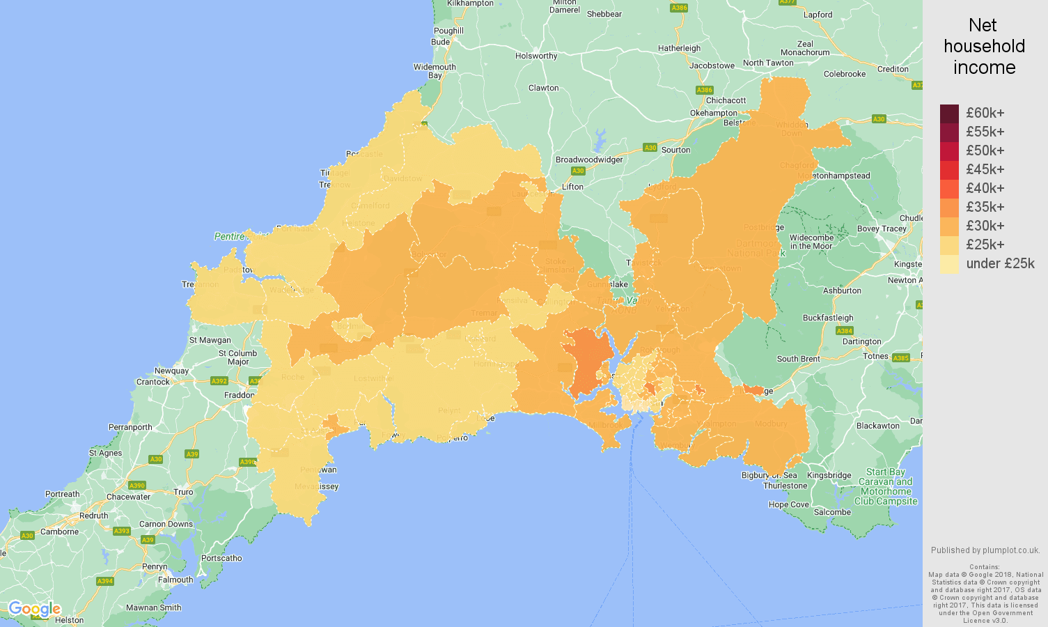 Plymouth net household income map