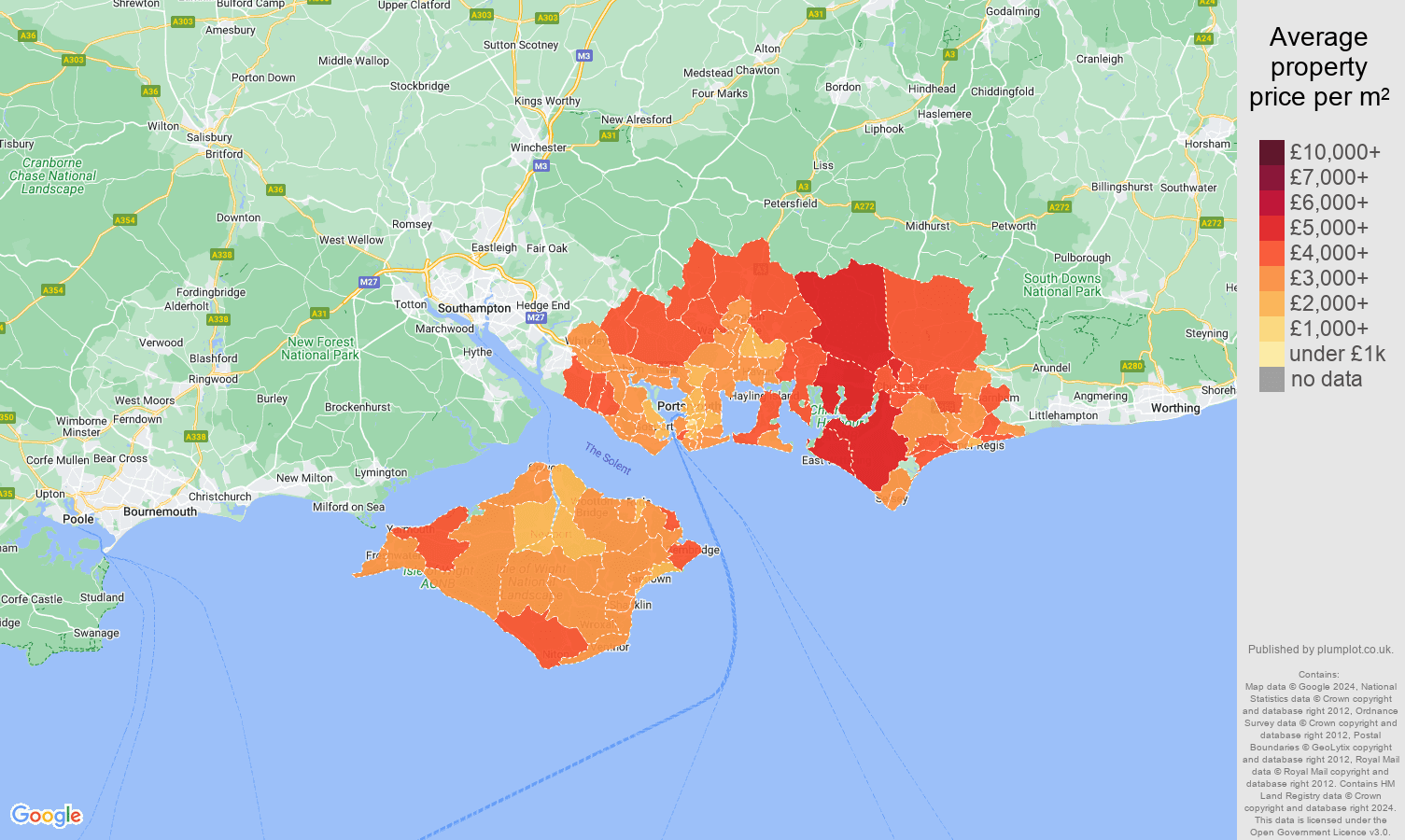 Portsmouth house prices per square metre map