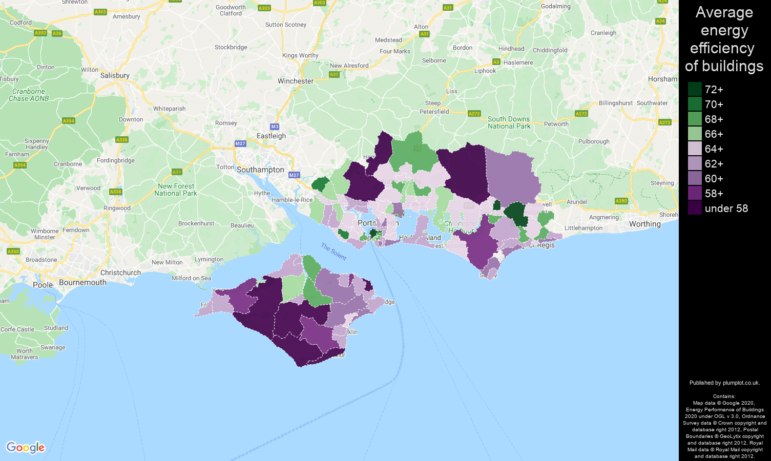 Portsmouth map of energy efficiency of properties
