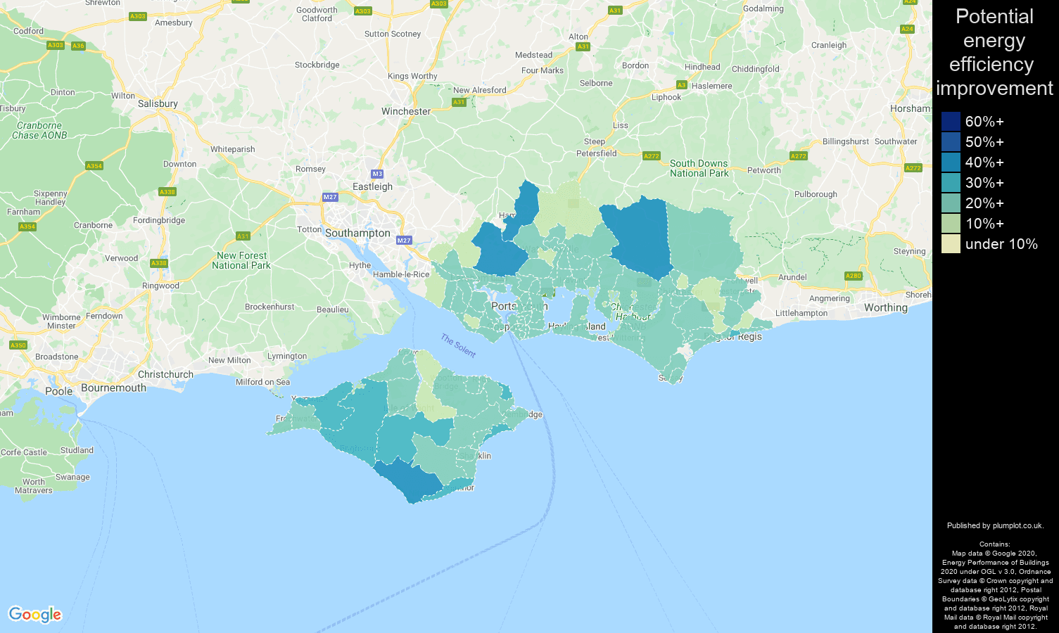 Portsmouth map of potential energy efficiency improvement of houses