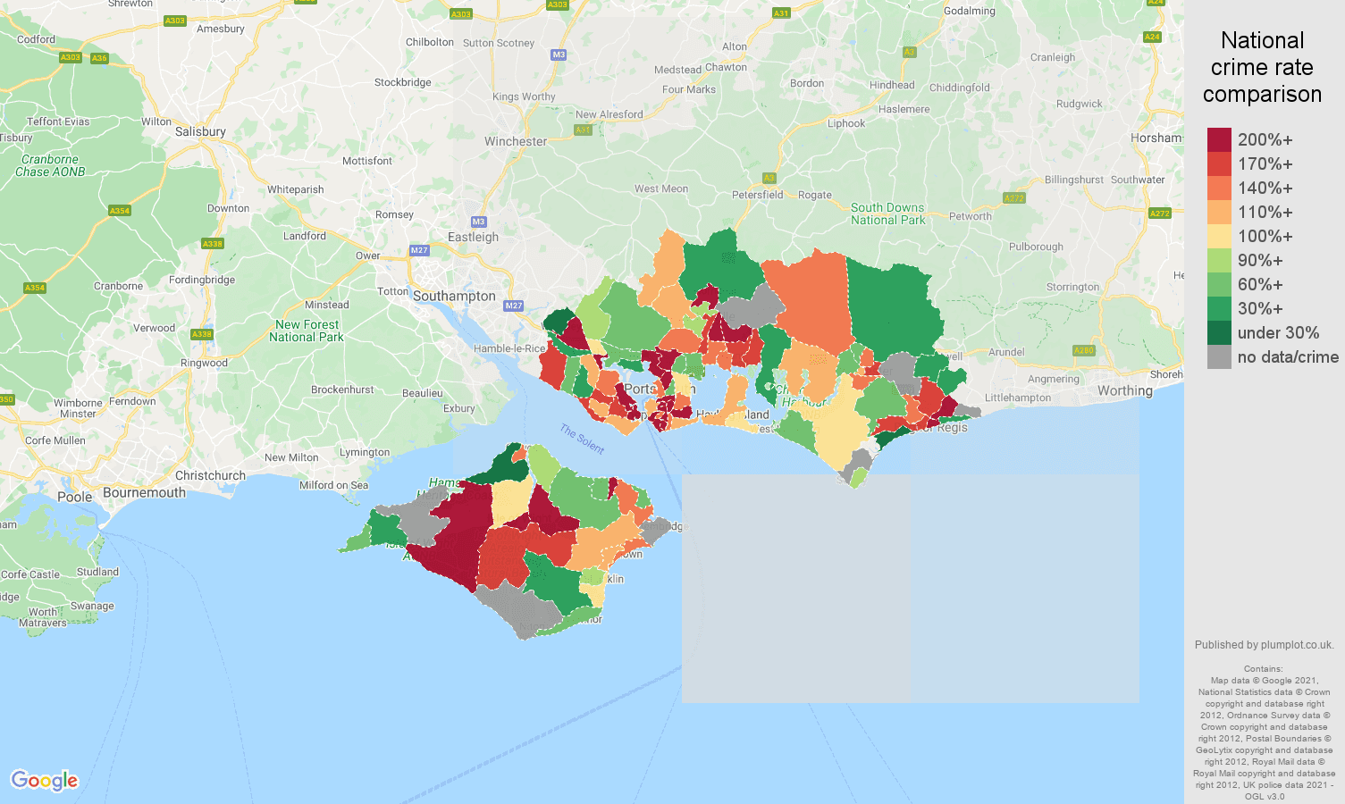 Portsmouth possession of weapons crime rate comparison map
