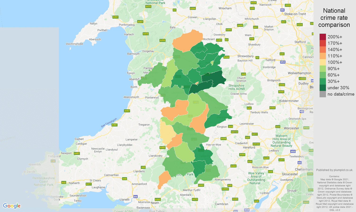Powys antisocial behaviour crime rate comparison map