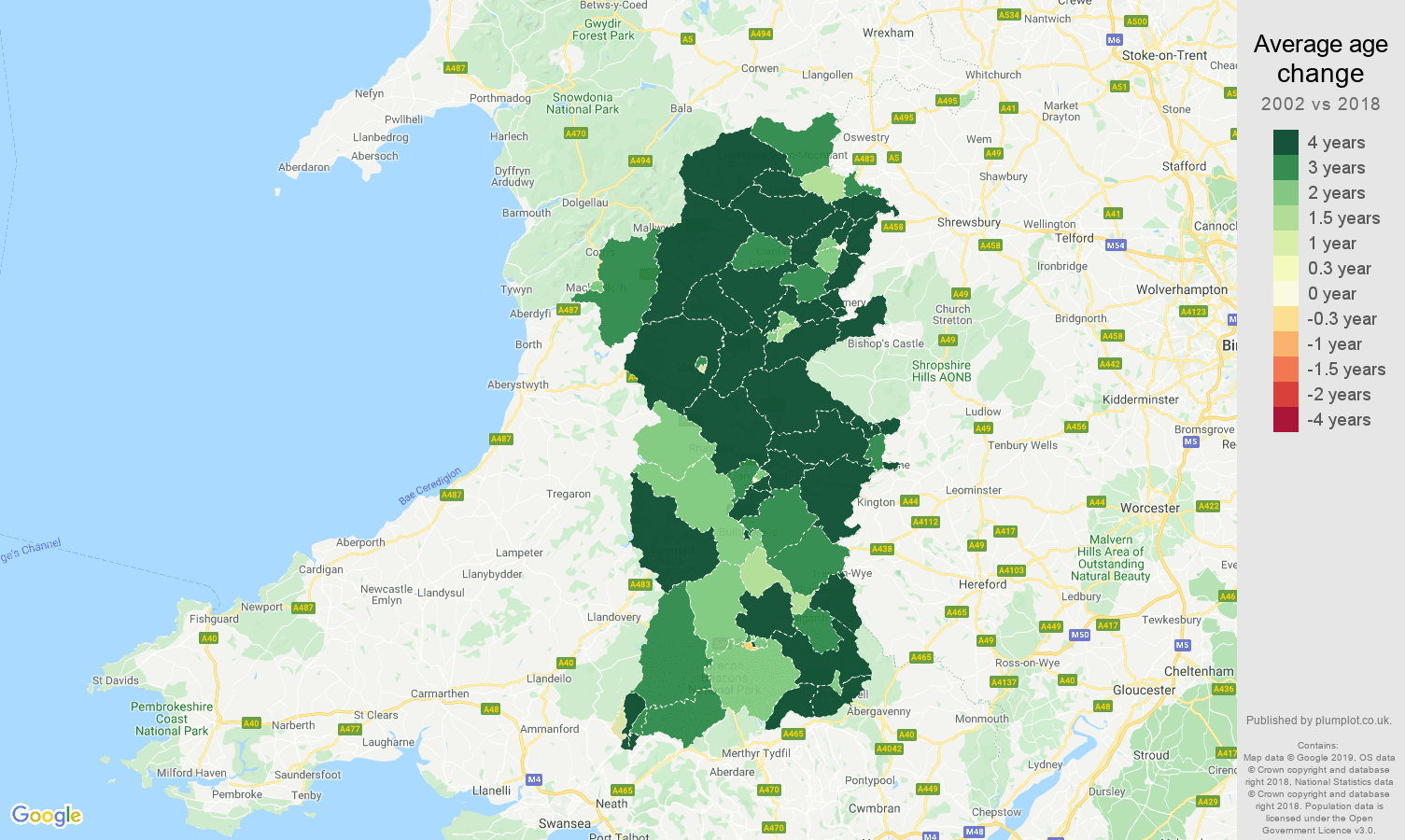 Powys average age change map