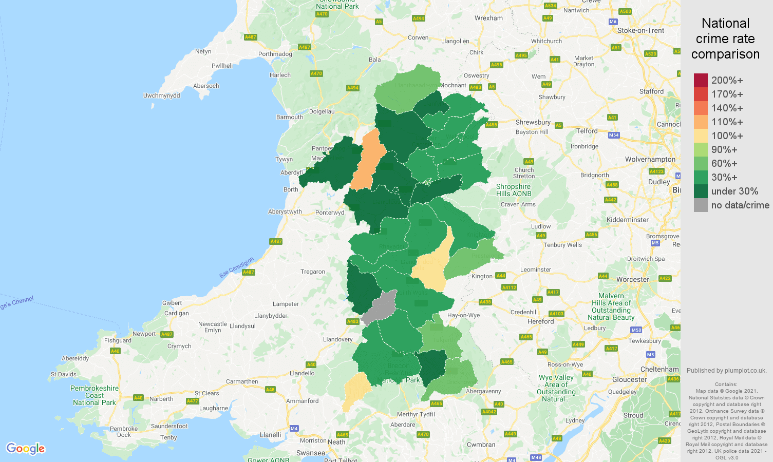 Powys burglary crime rate comparison map