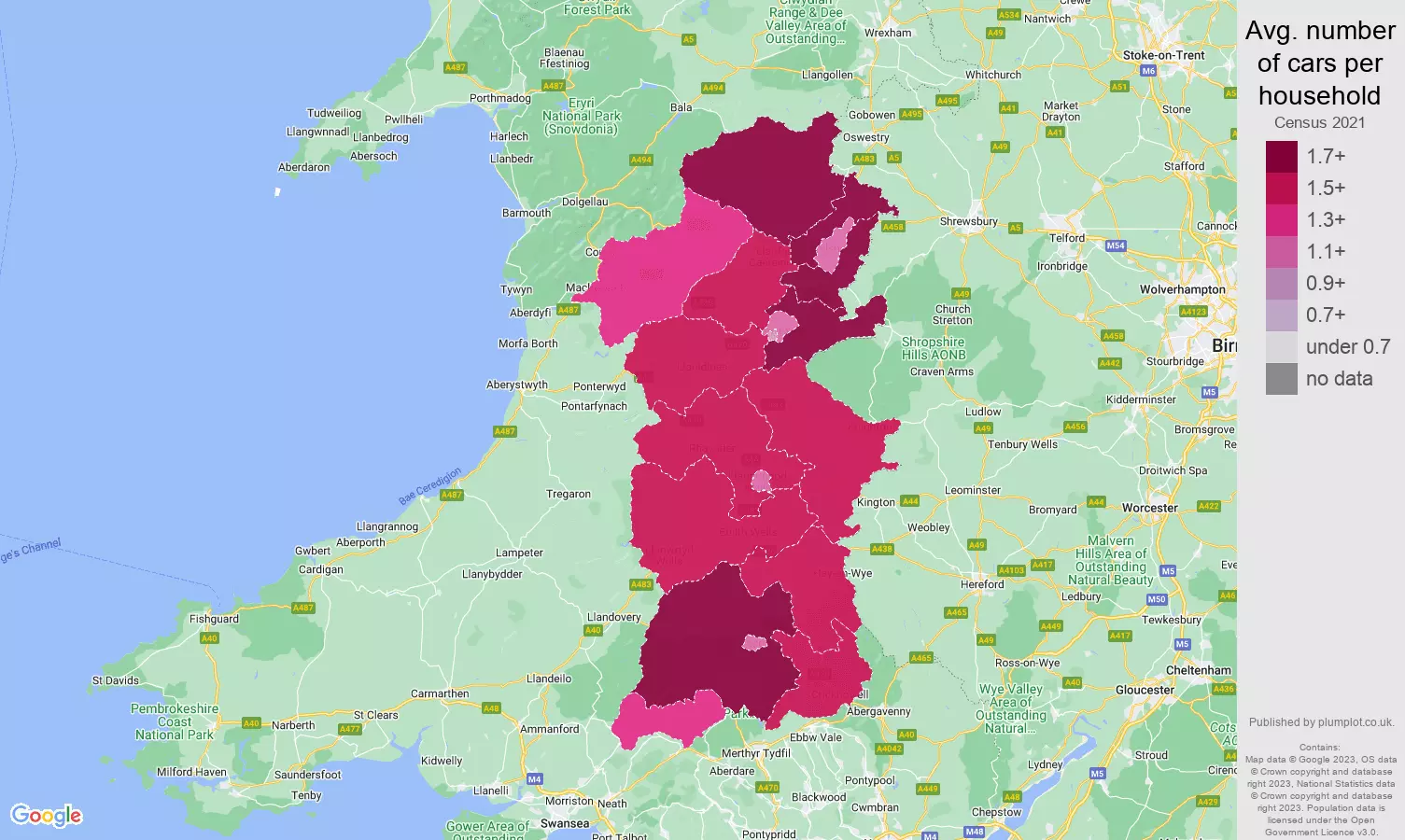 Powys cars per household map