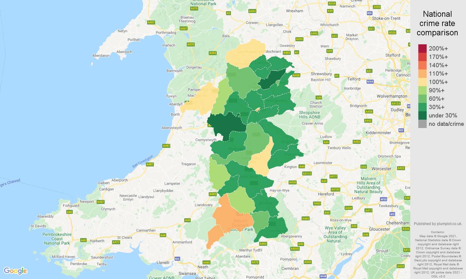 Powys criminal damage and arson crime rate comparison map