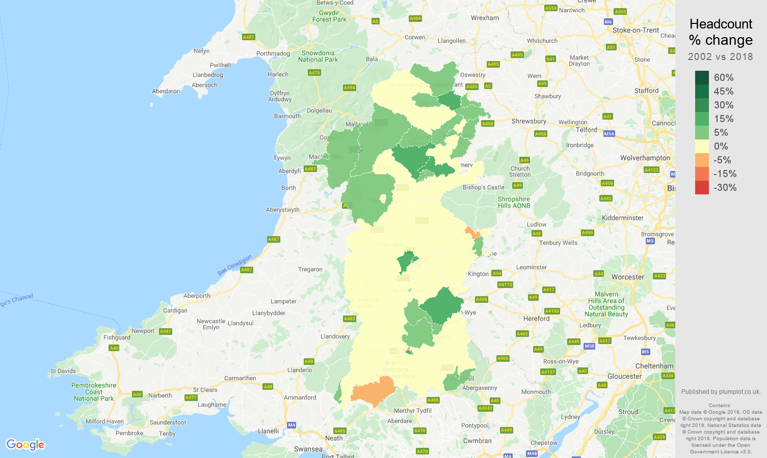 Powys headcount change map