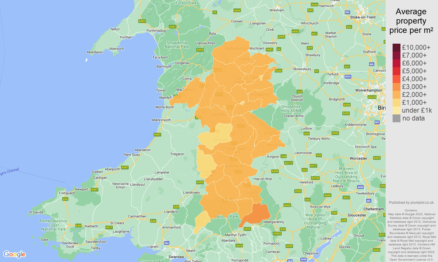 Powys house prices per square metre map