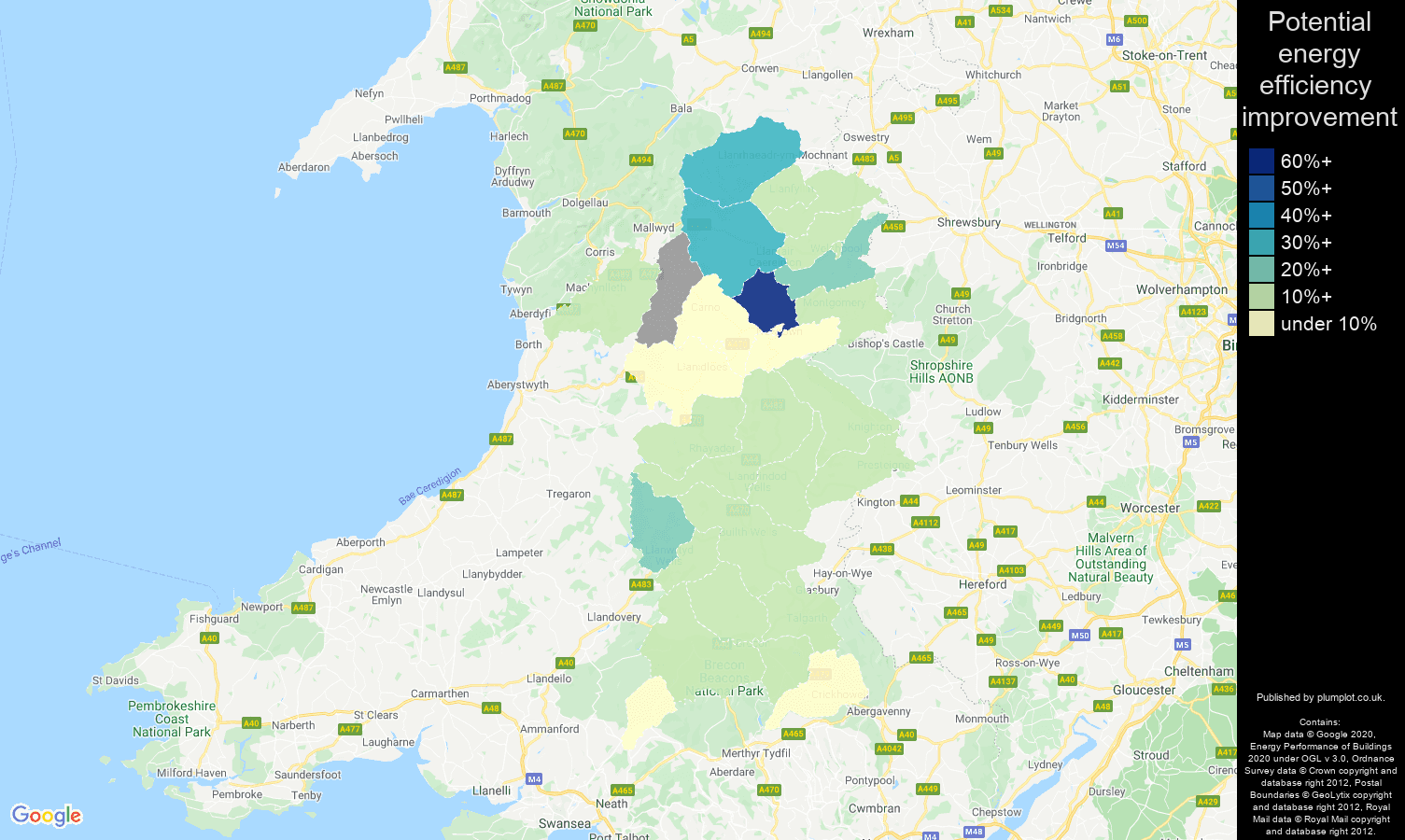 Powys map of potential energy efficiency improvement of flats