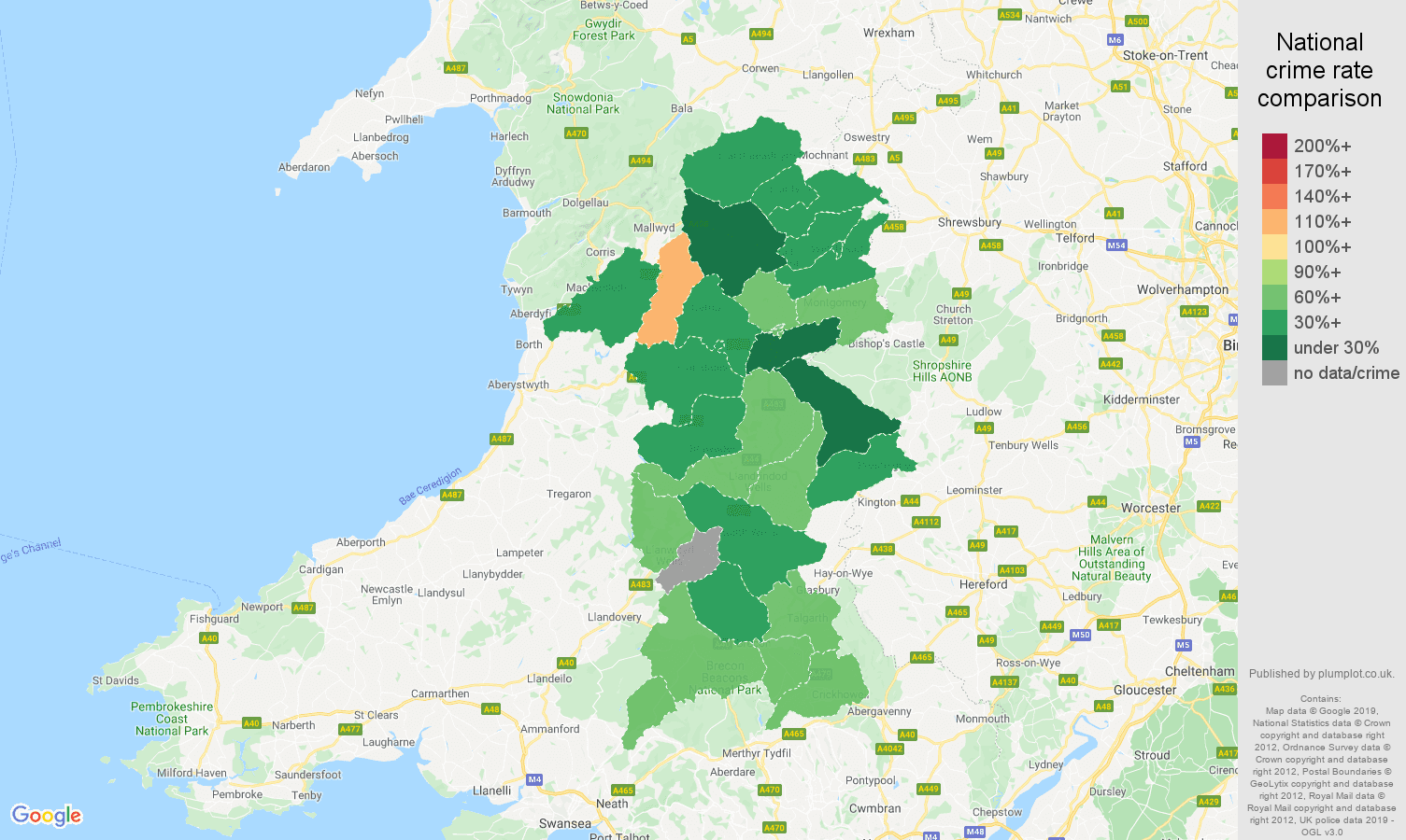 Powys other theft crime rate comparison map