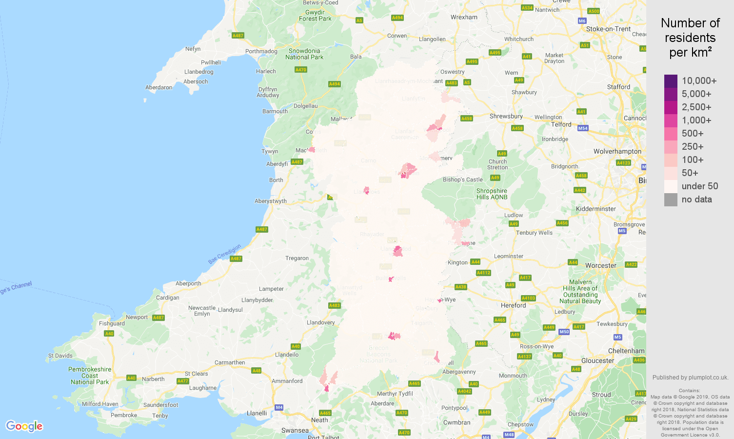 Powys population density map