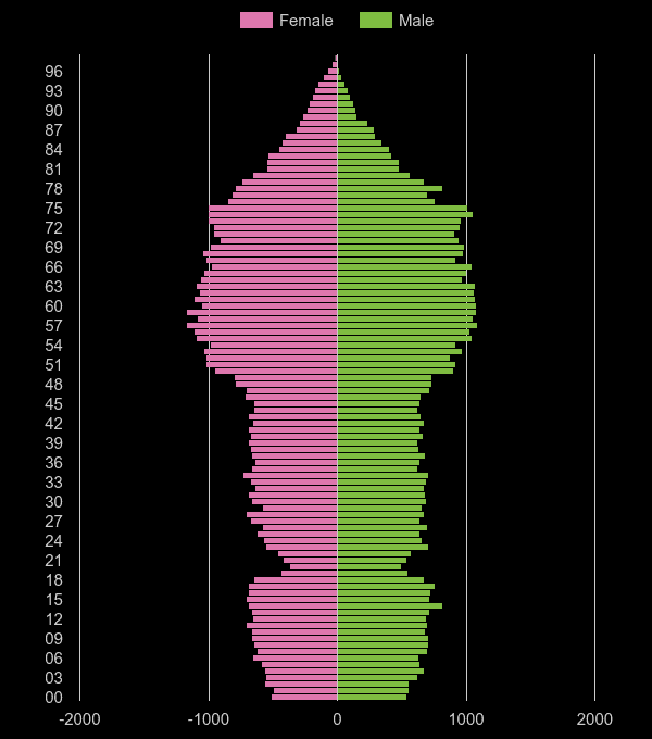 Powys population pyramid by year