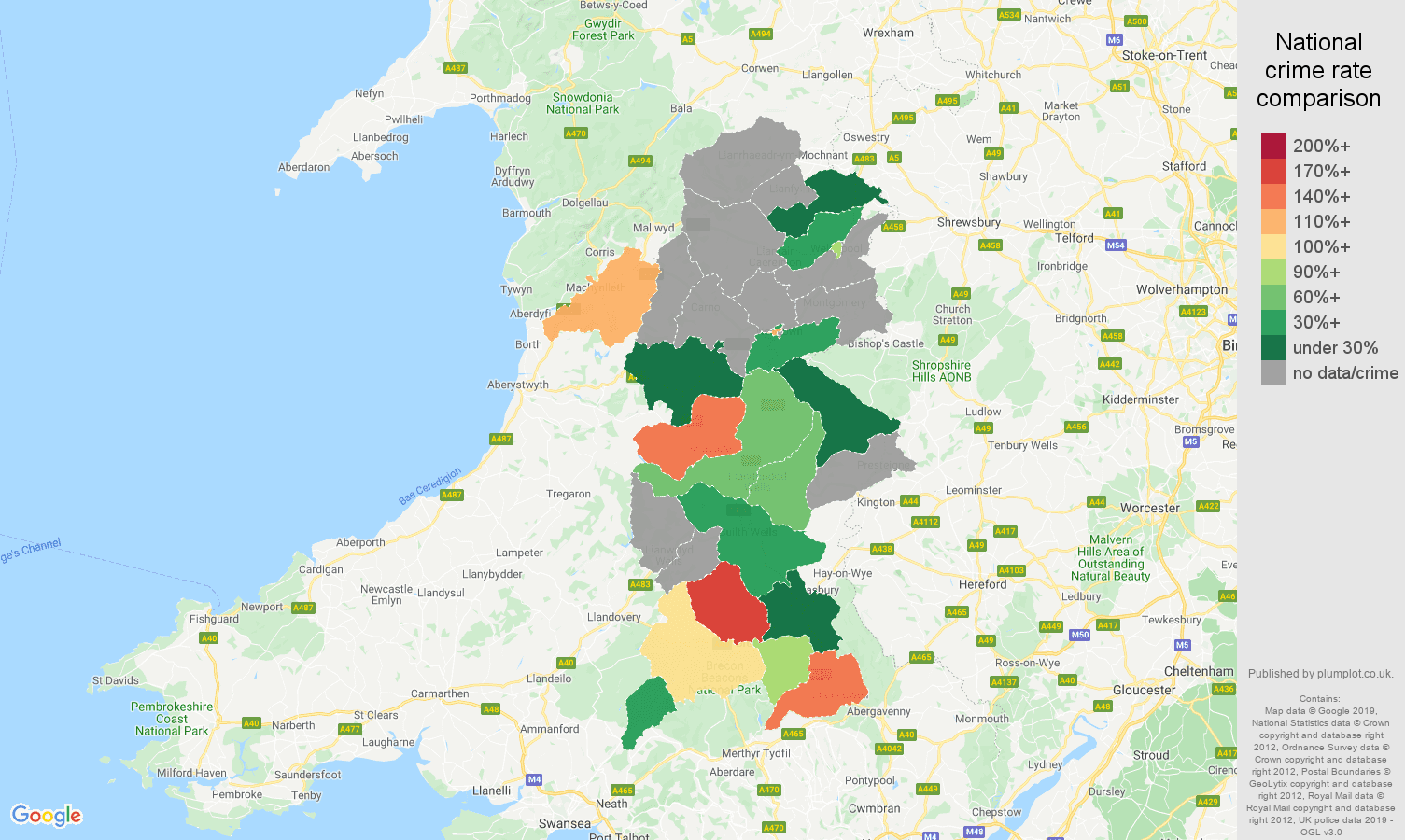 Powys possession of weapons crime rate comparison map