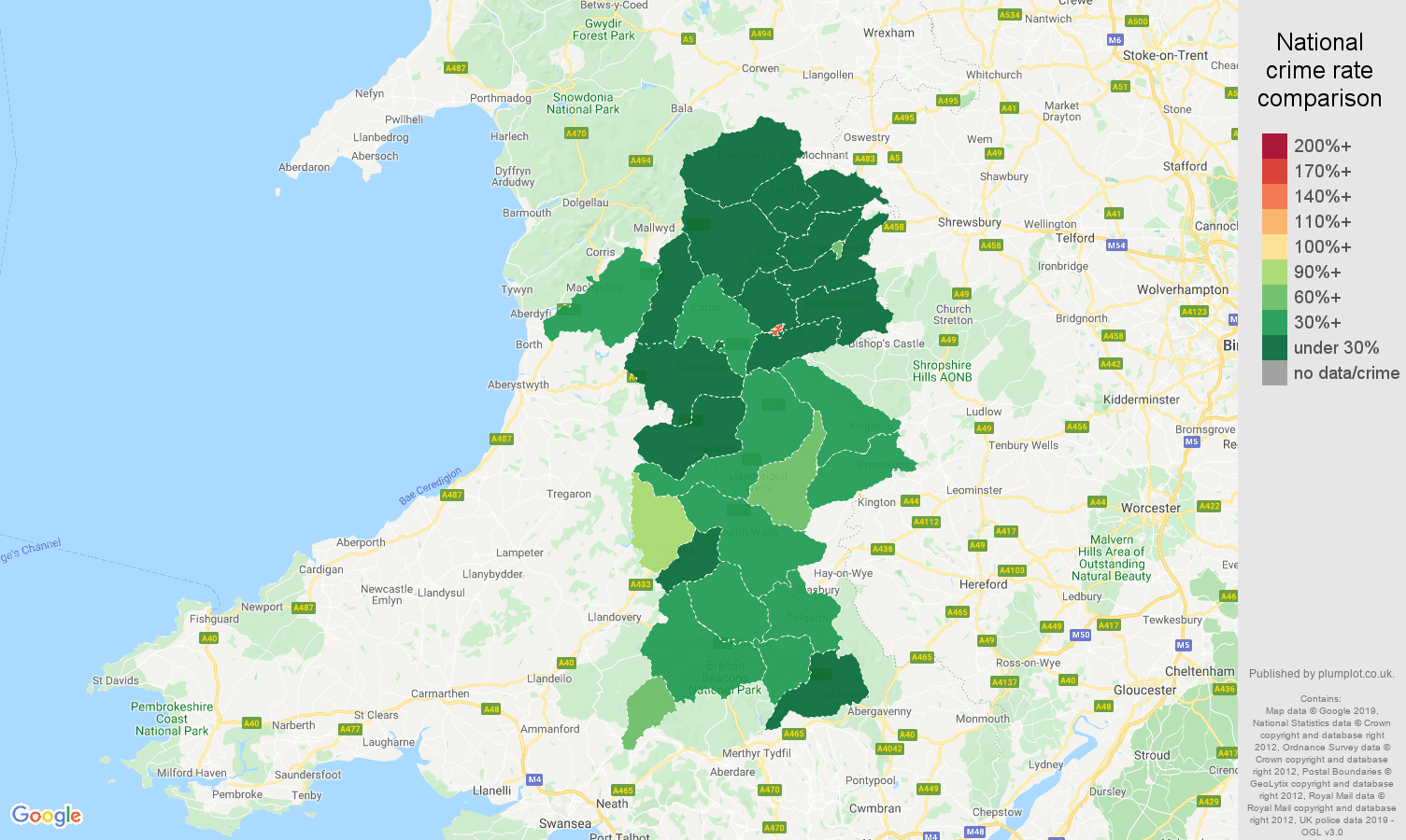 Powys public order crime rate comparison map