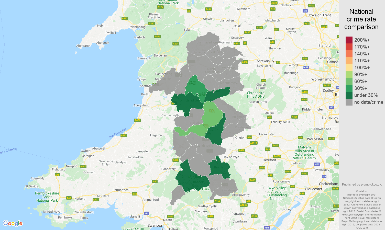 Powys robbery crime rate comparison map