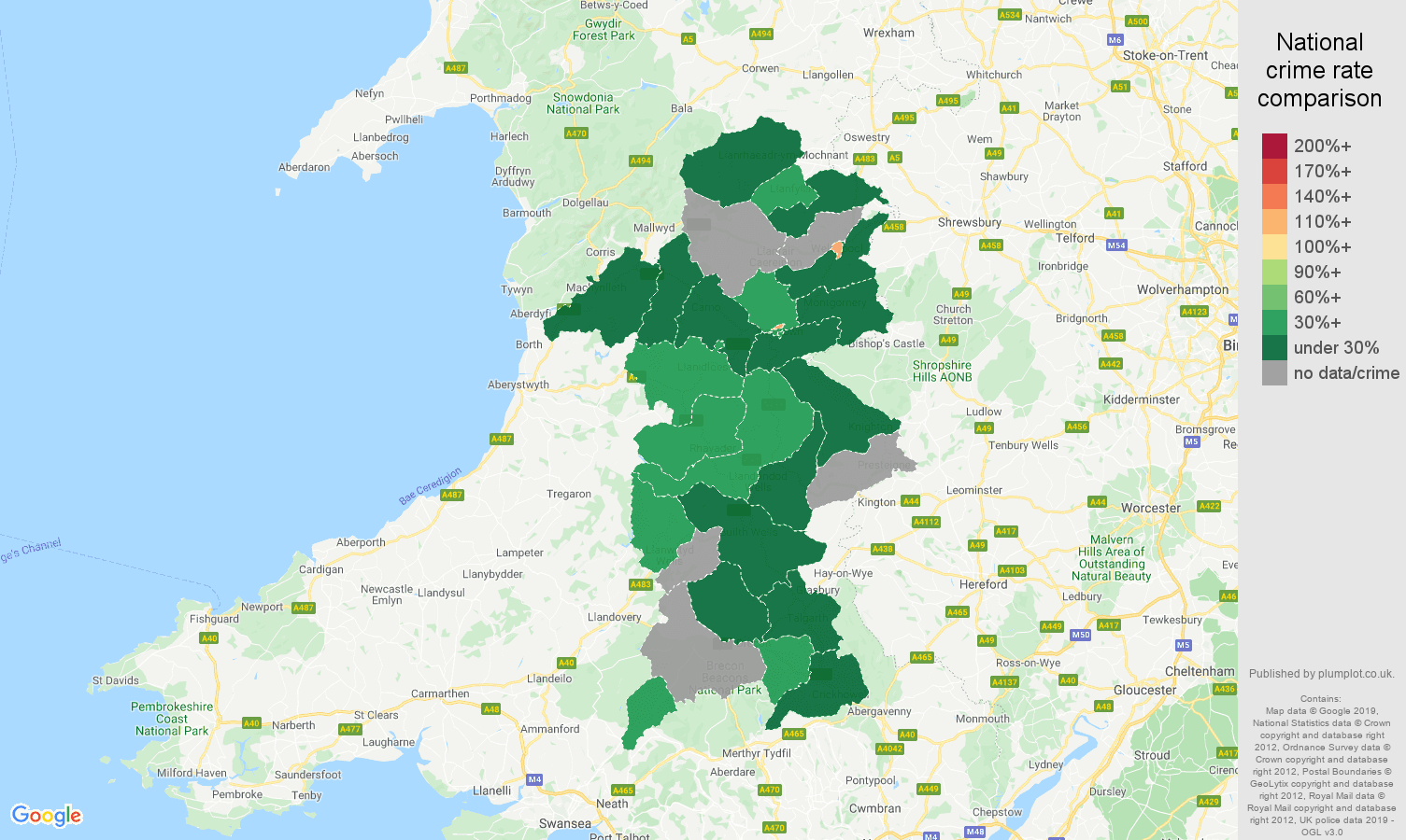 Powys shoplifting crime rate comparison map