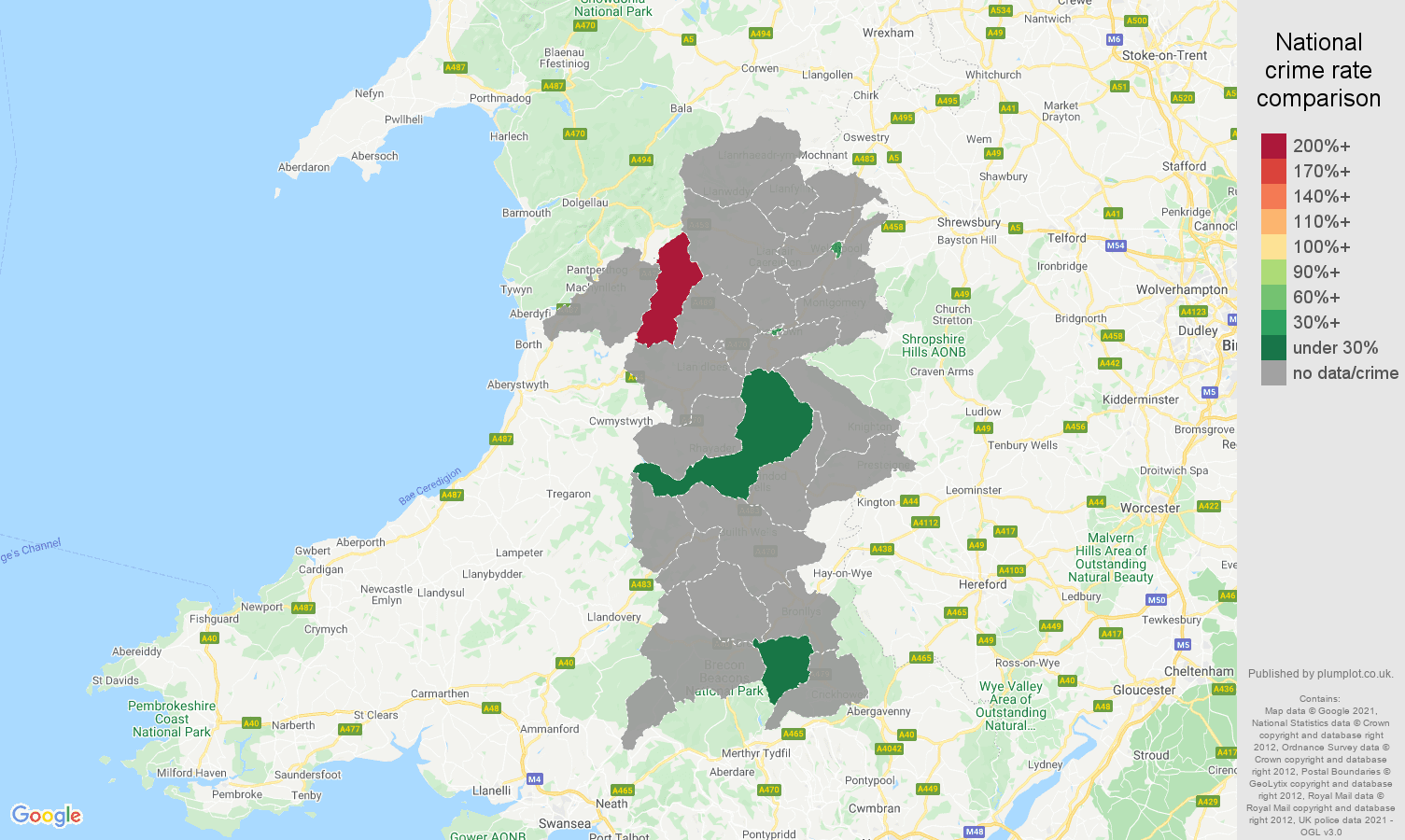 Powys theft from the person crime rate comparison map