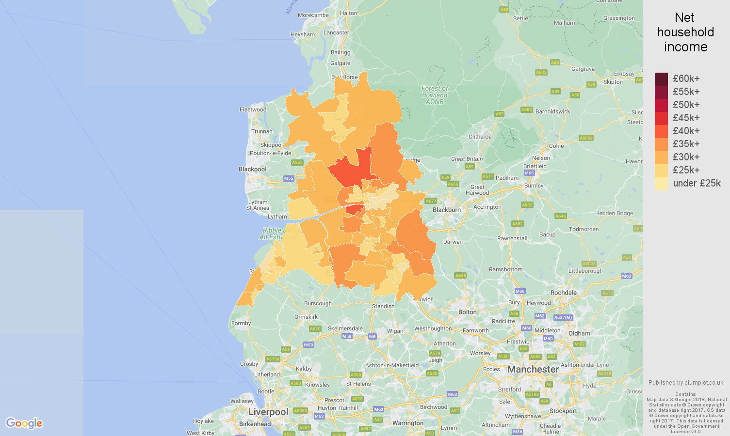 Preston net household income map