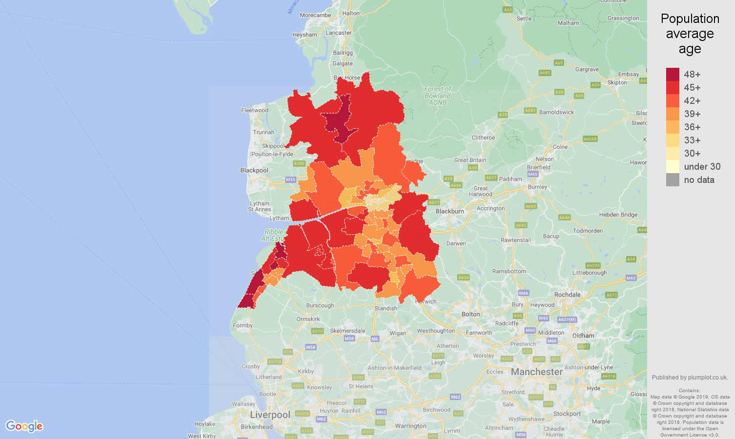 Preston population average age map