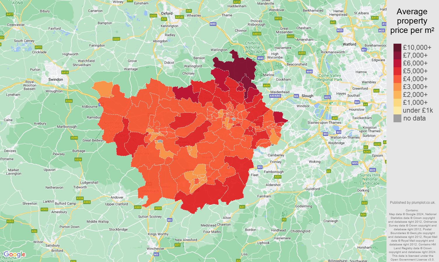 Reading house prices per square metre map