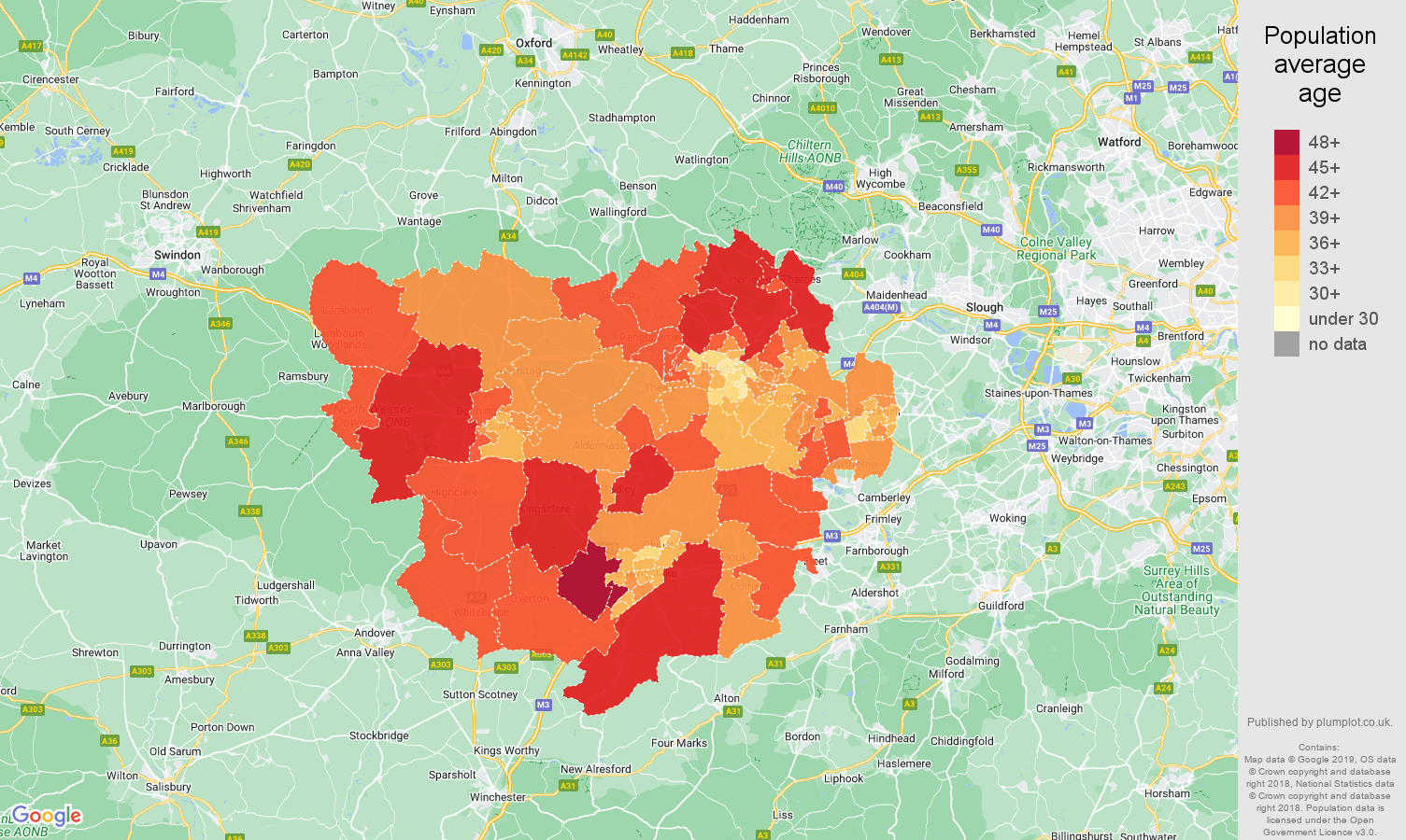 Reading population average age map