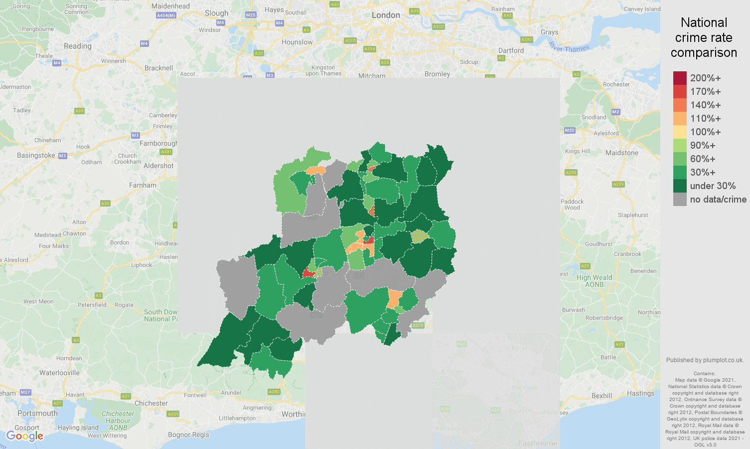 Redhill bicycle theft crime rate comparison map