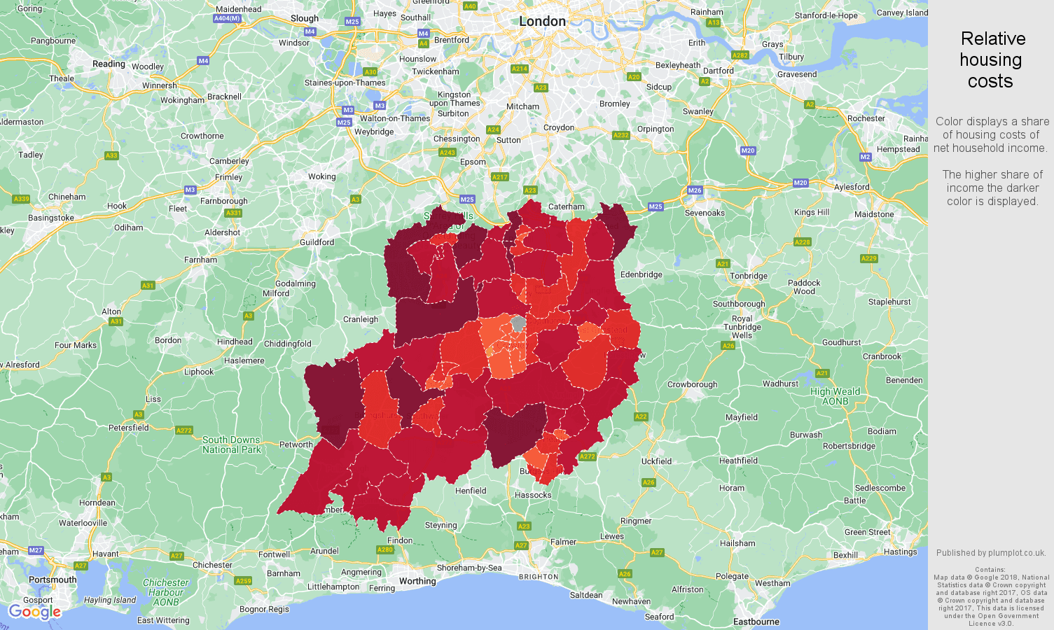 Redhill relative housing costs map