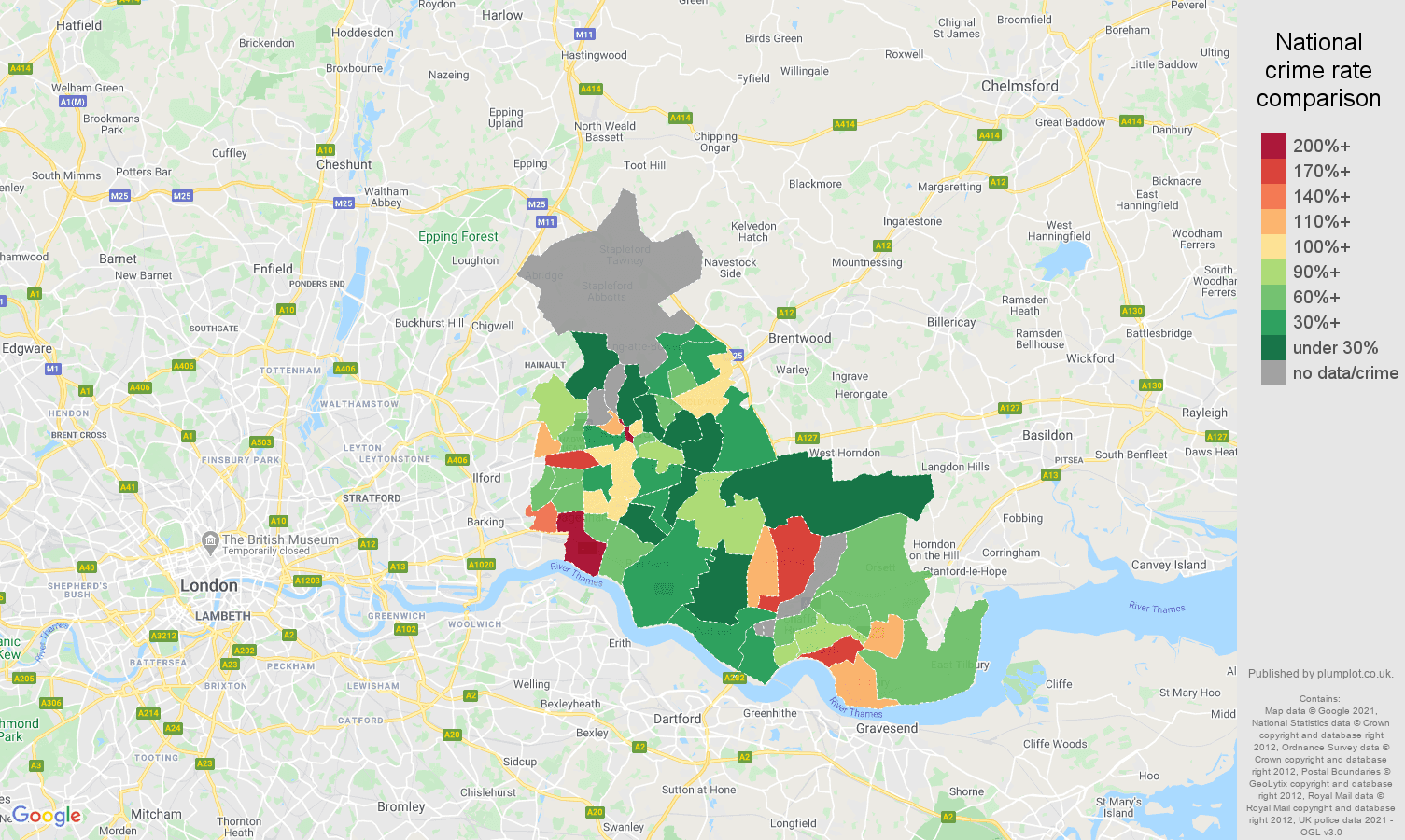Romford bicycle theft crime rate comparison map