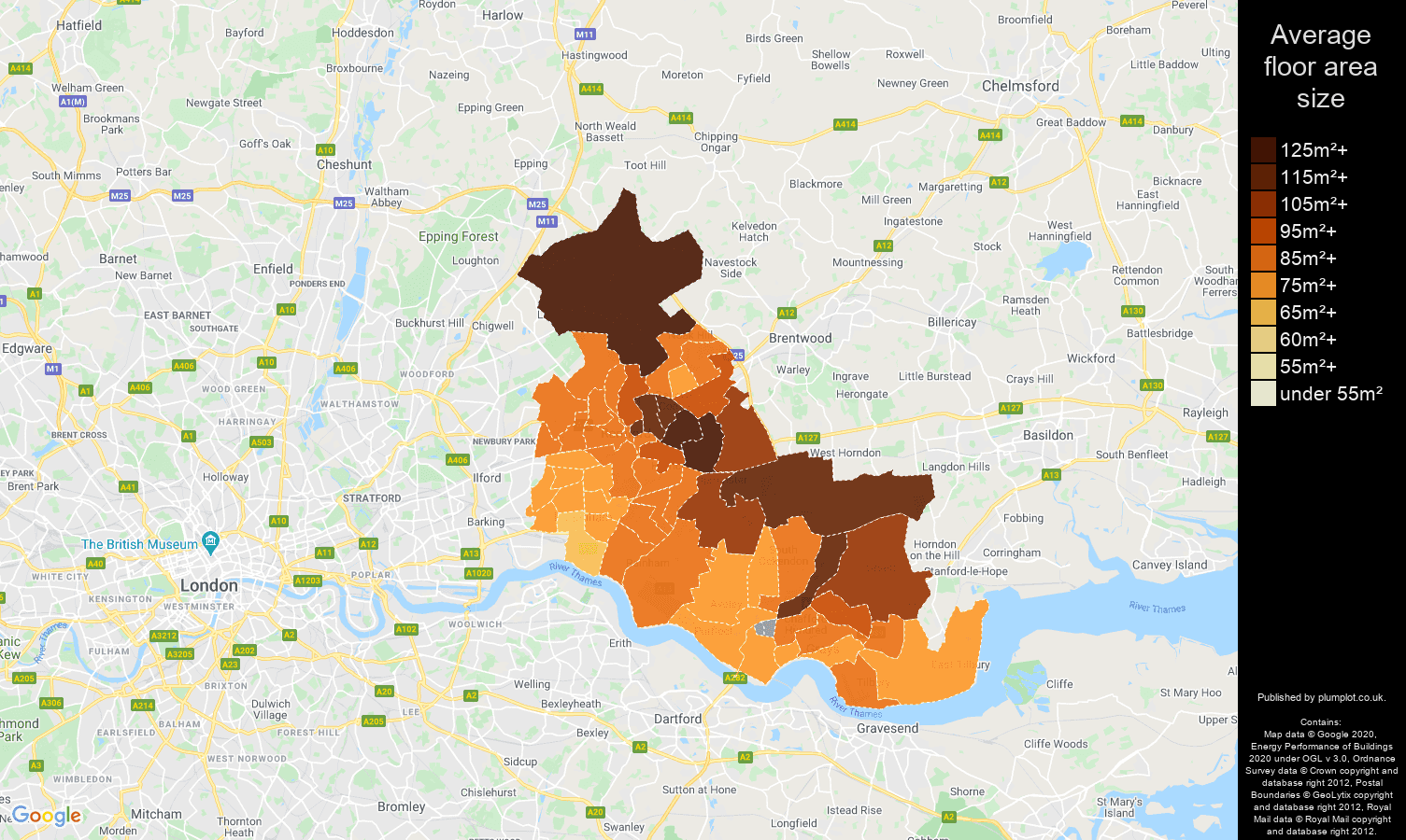 Romford map of average floor area size of houses