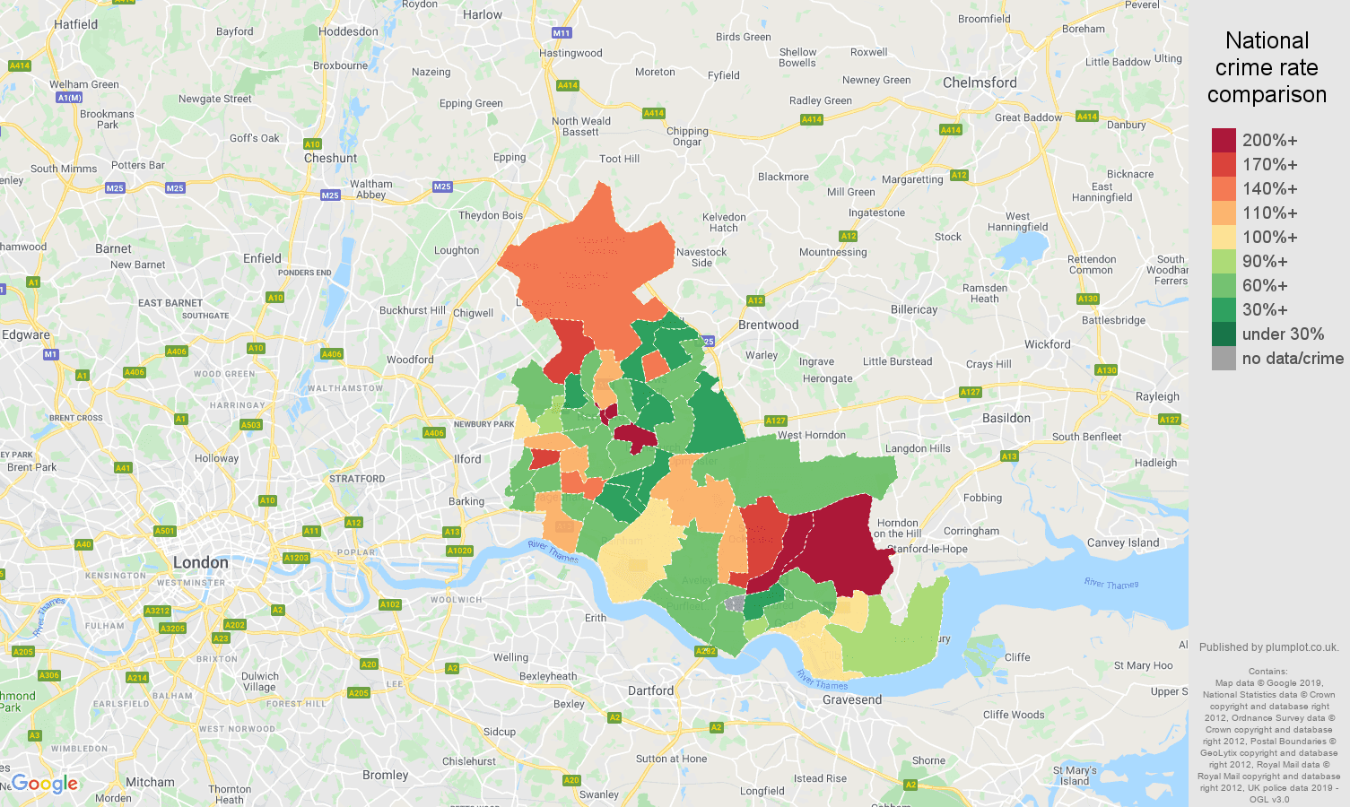 Romford other theft crime rate comparison map