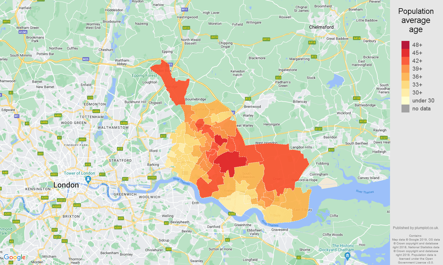 Romford population average age map