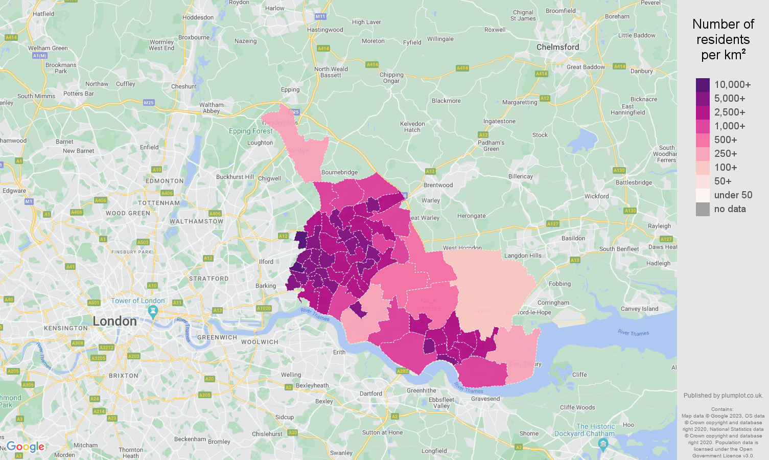 Romford population density map