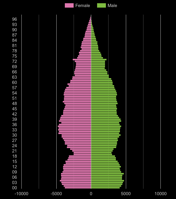 Romford population pyramid by year