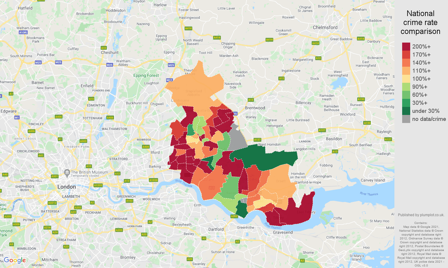 Romford robbery crime rate comparison map