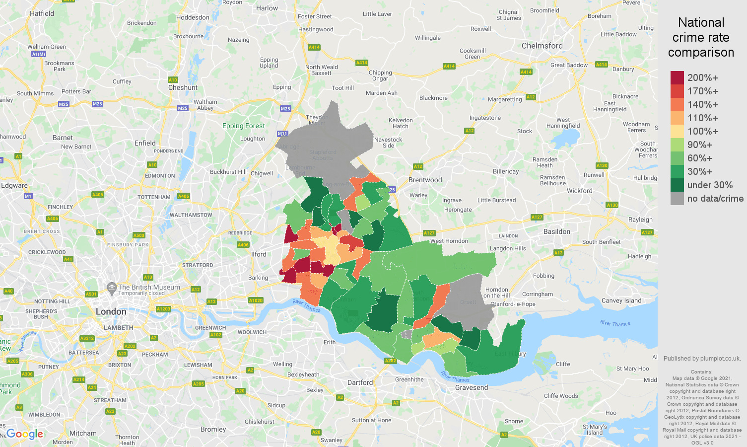 Romford theft from the person crime rate comparison map