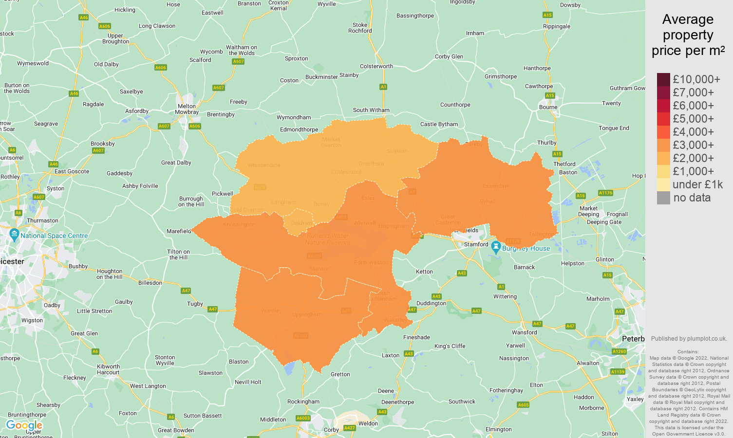 Rutland house prices per square metre map