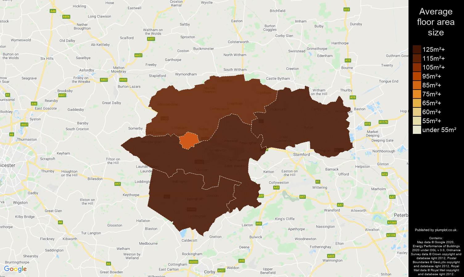 Rutland map of average floor area size of houses