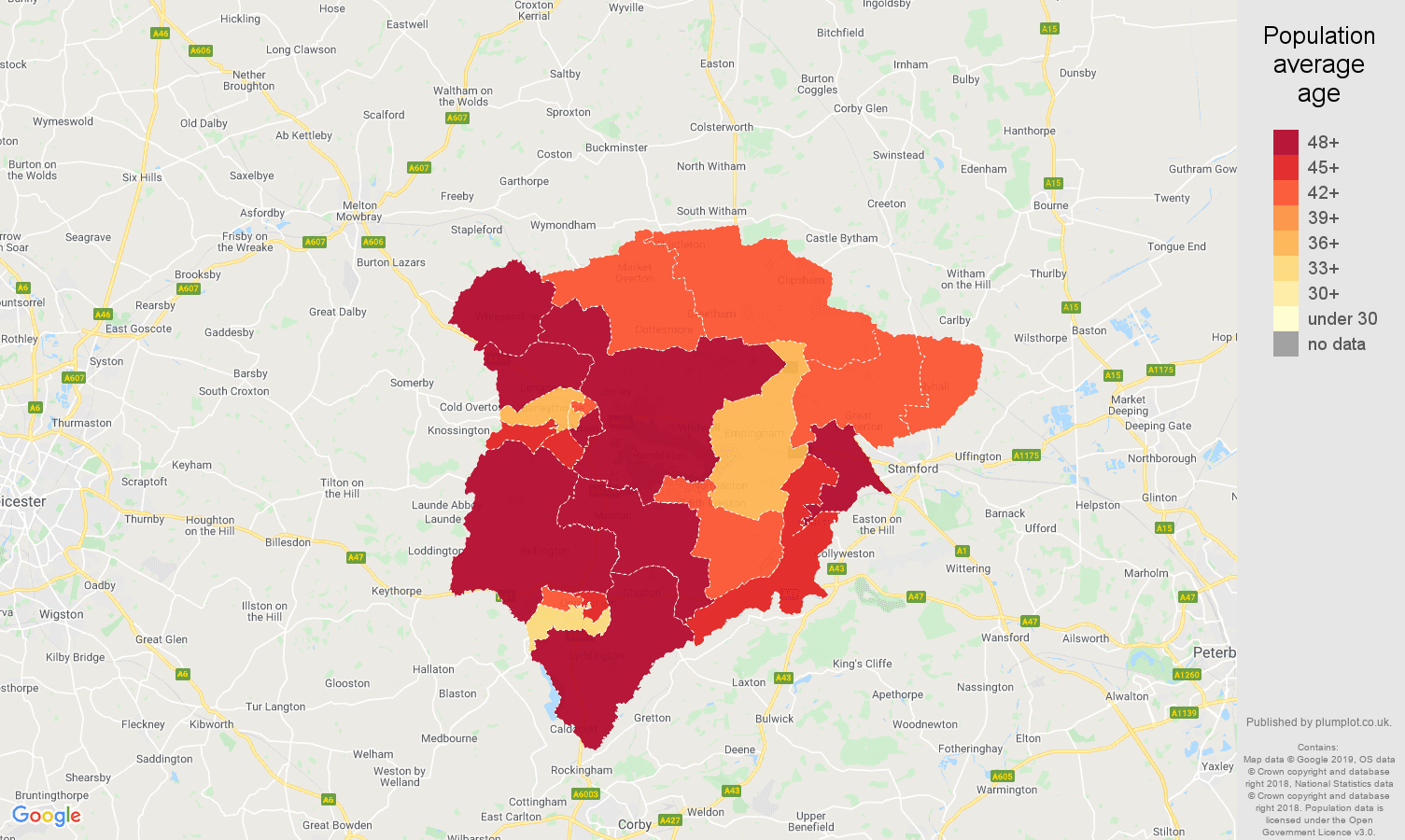 Rutland population average age map