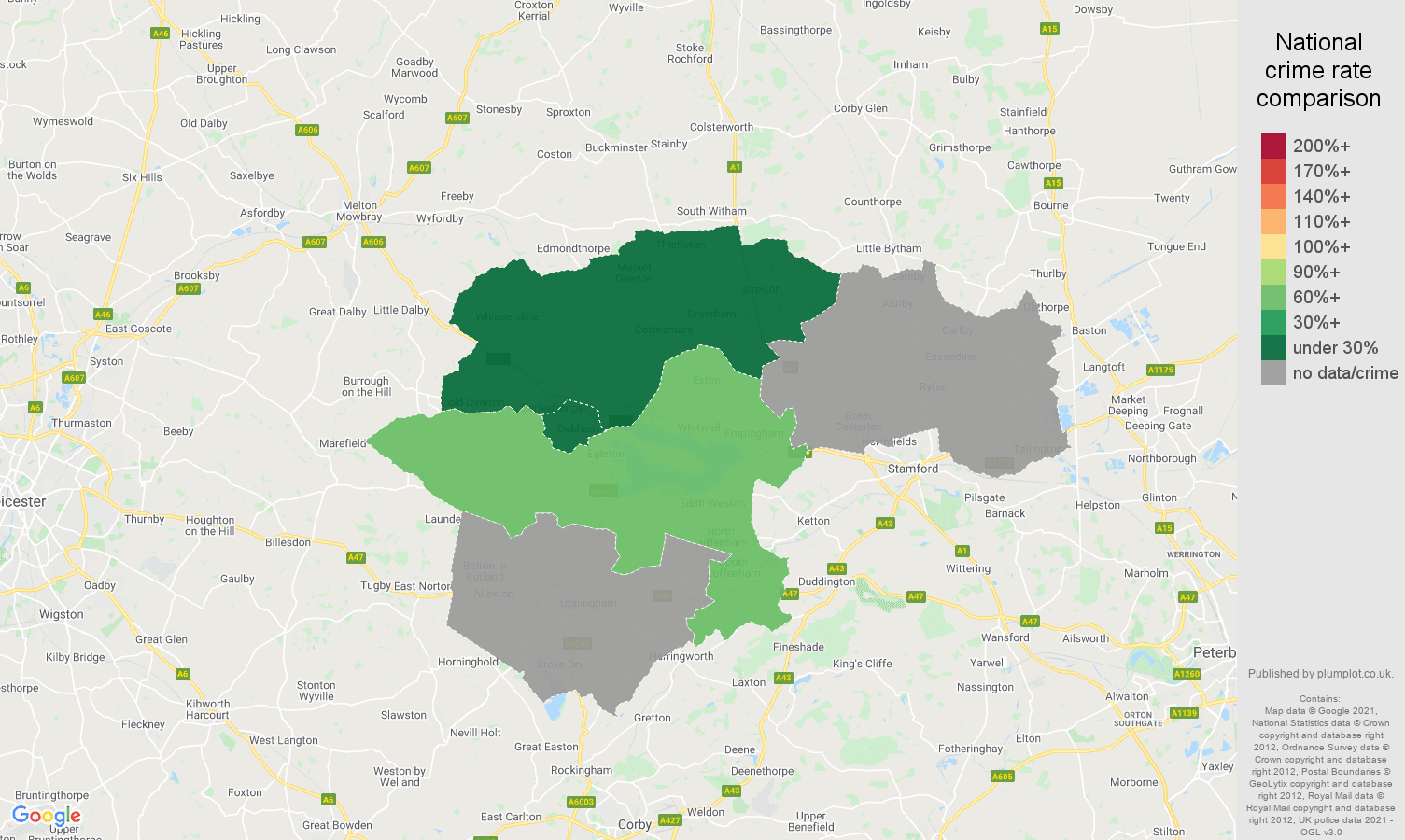 Rutland theft from the person crime rate comparison map