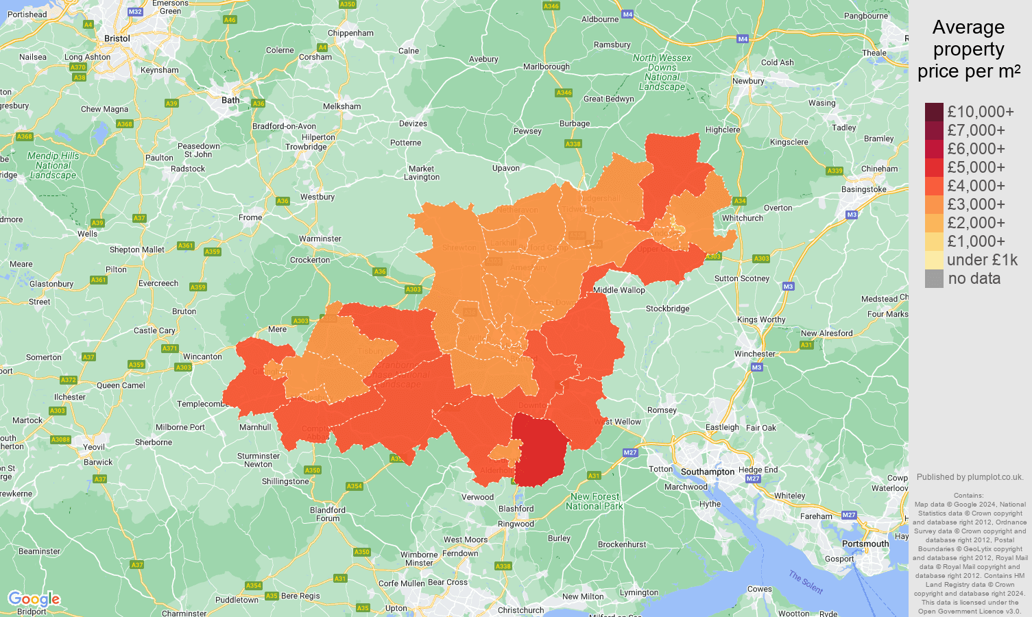 Salisbury house prices per square metre map