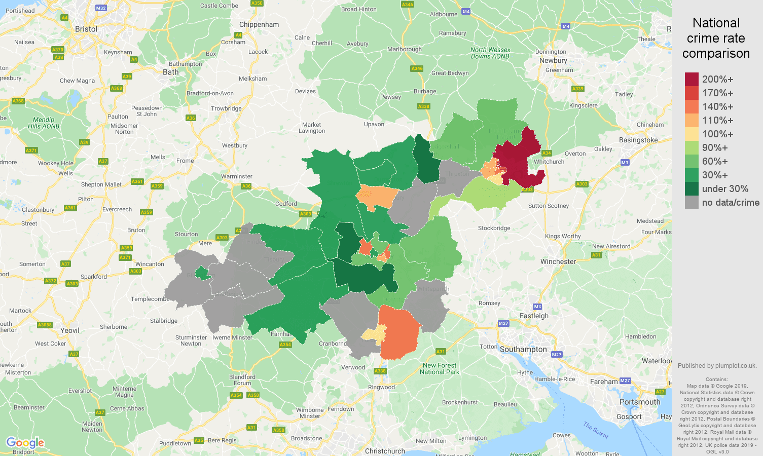 Salisbury possession of weapons crime rate comparison map