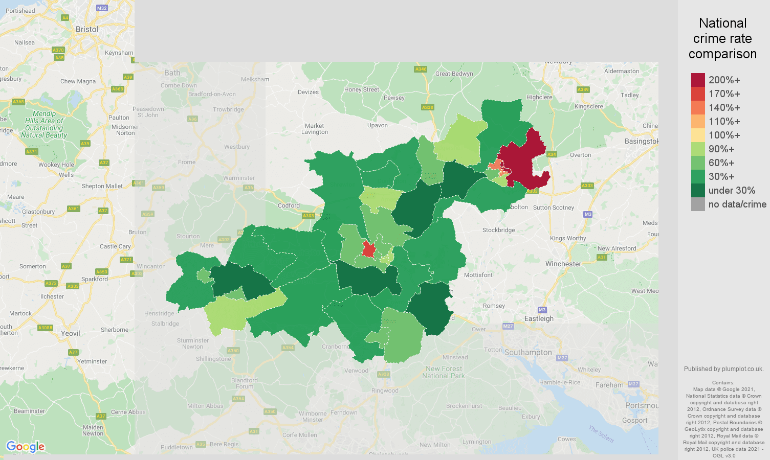 Salisbury violent crime rate comparison map