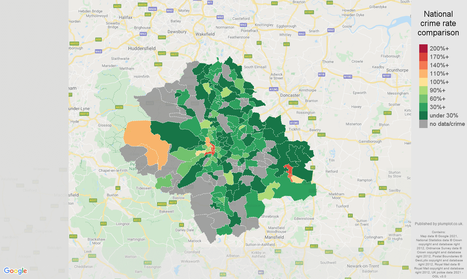 Sheffield bicycle theft crime rate comparison map