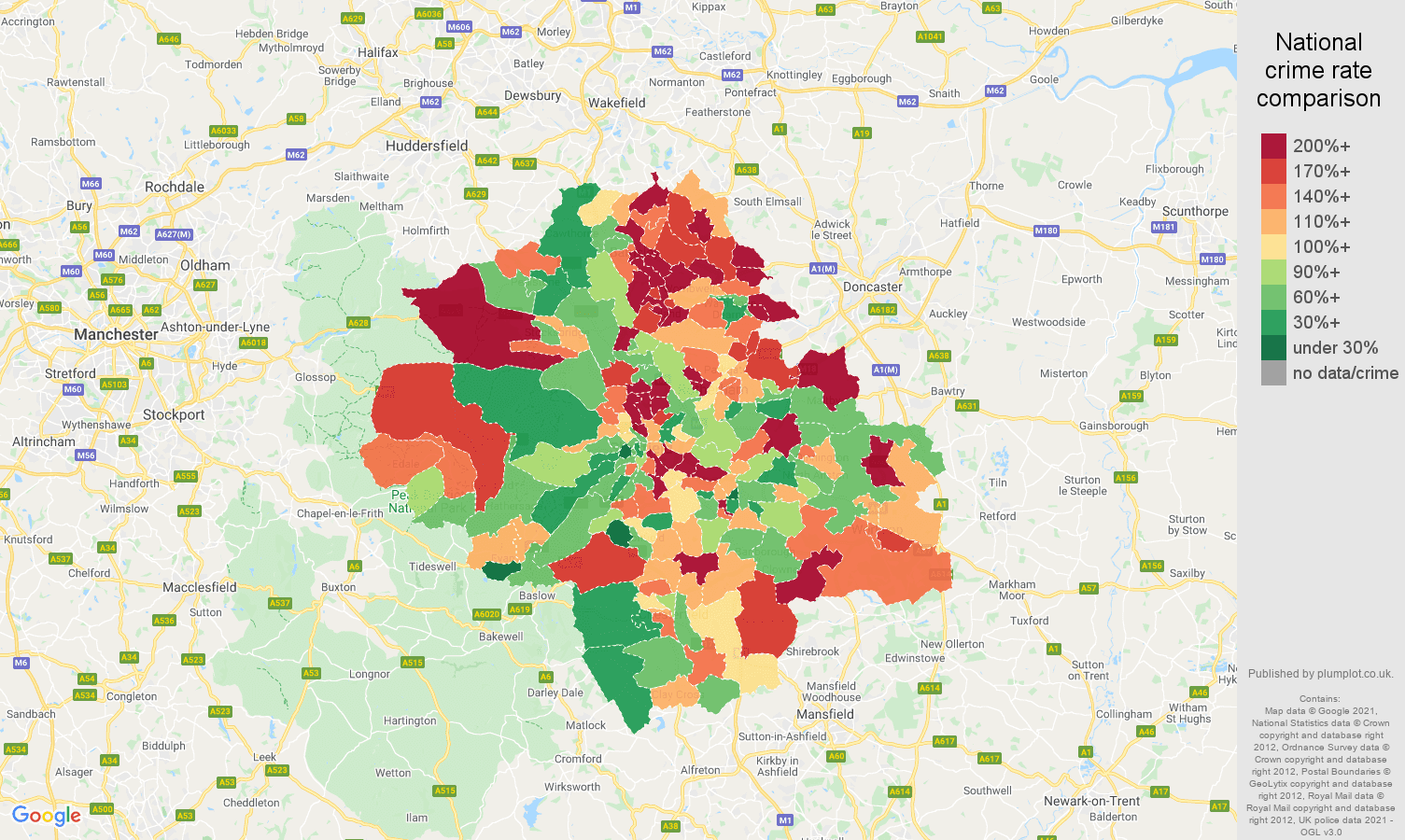 Sheffield criminal damage and arson crime rate comparison map