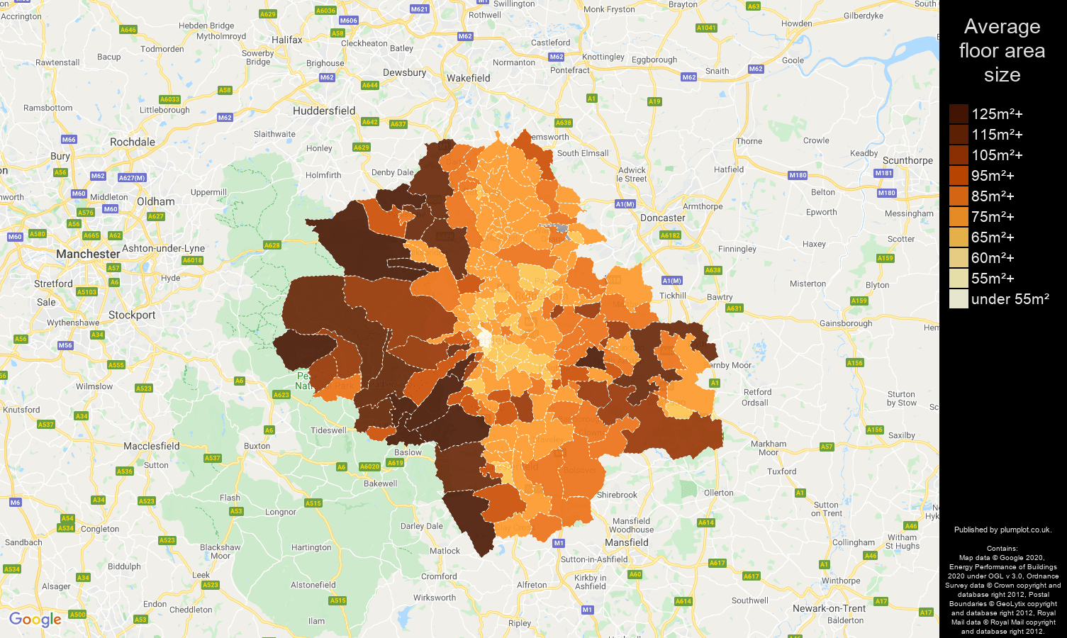 Sheffield map of average floor area size of properties