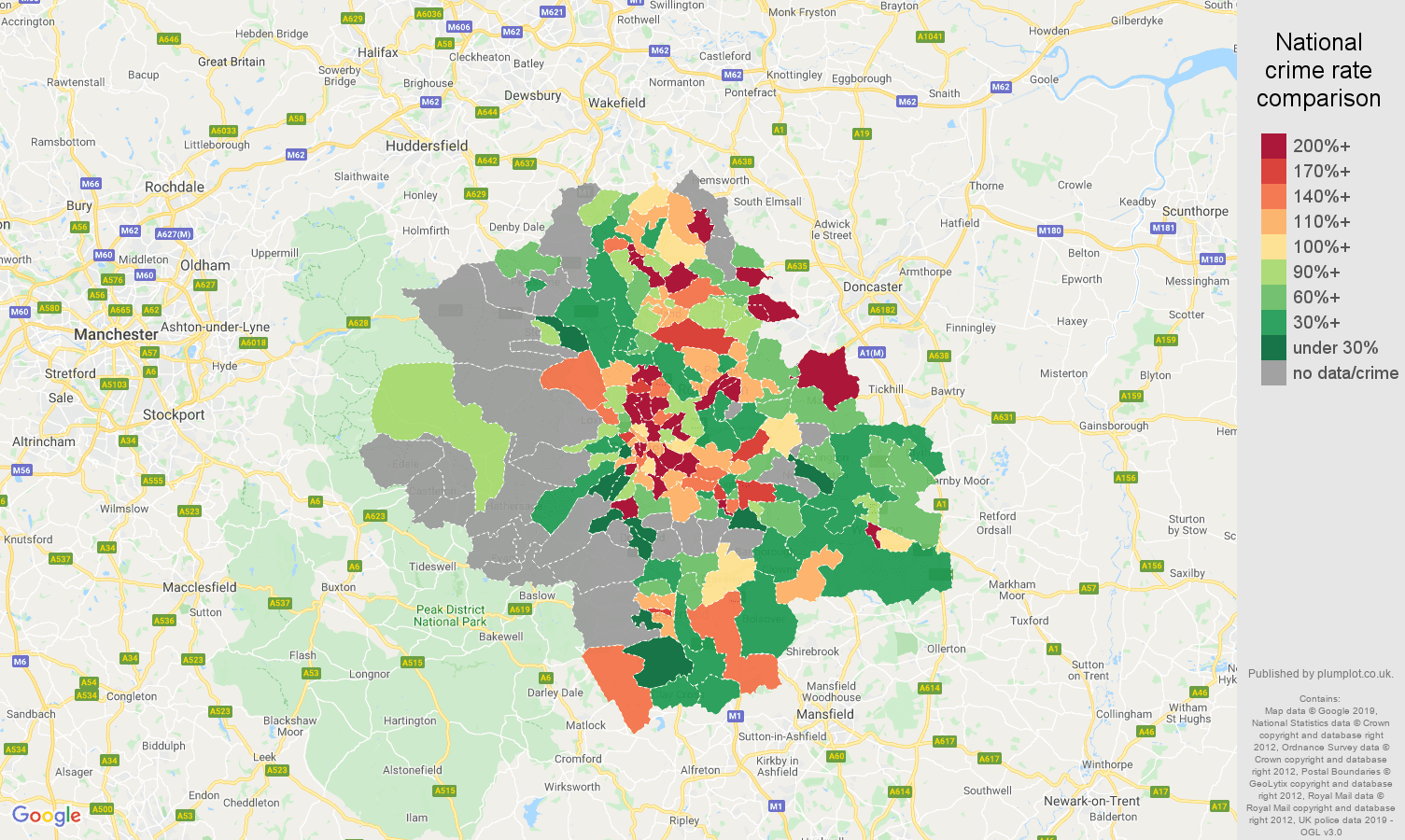 Sheffield possession of weapons crime rate comparison map