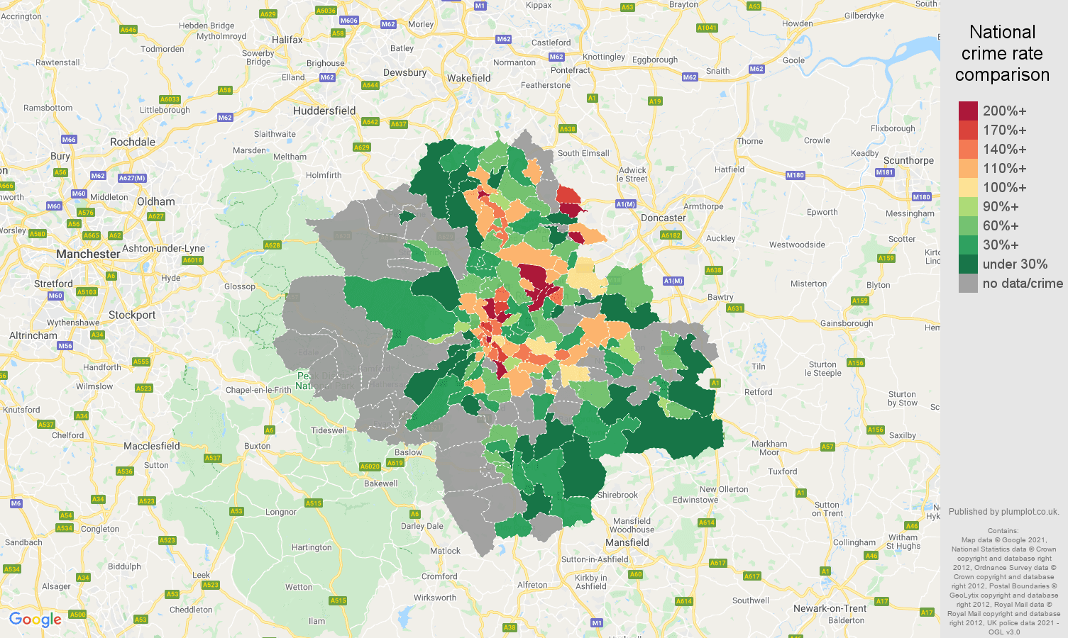 Sheffield robbery crime rate comparison map