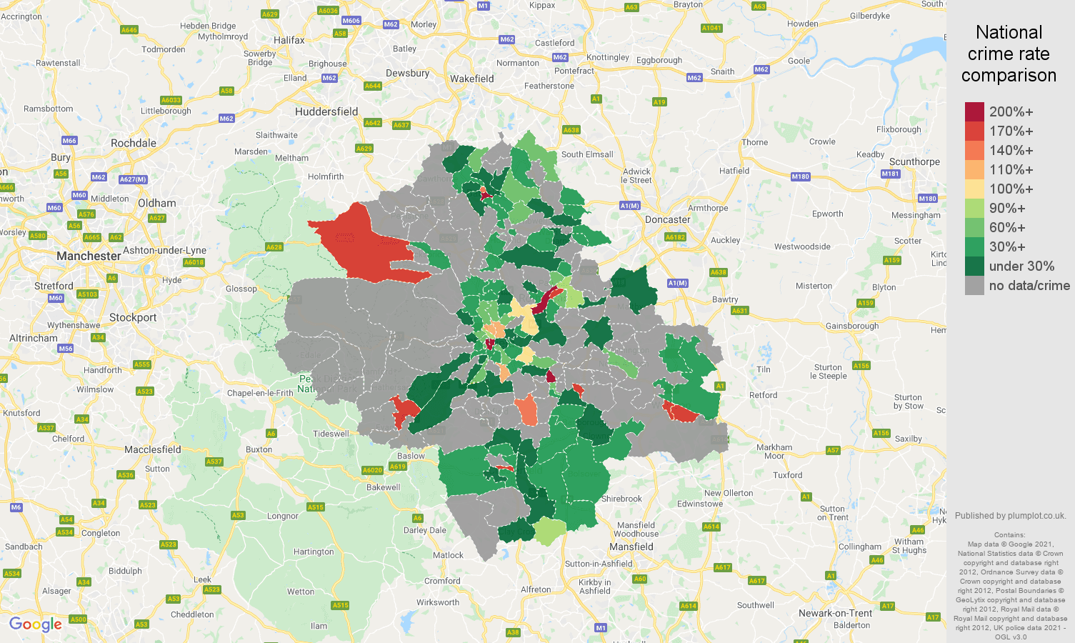 Sheffield theft from the person crime rate comparison map